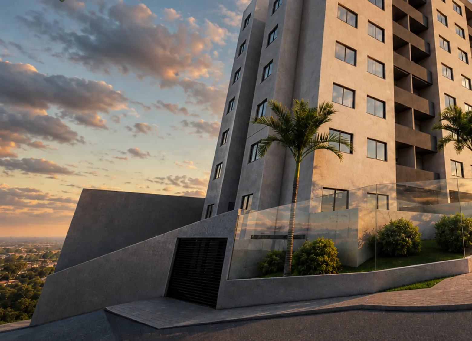 Fachada do Edifício Catarina Labouré ao entardecer, com as palmeiras da entrada — perspectiva ilustrativa