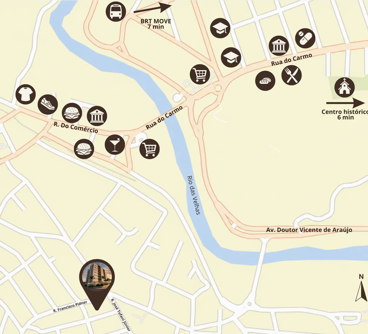 Mapa ilustrativo do entorno do Edifício Catarina Labouré, com a Rua do Carmo, o Rio das Velhas, o centro histórico e o BRT Move
