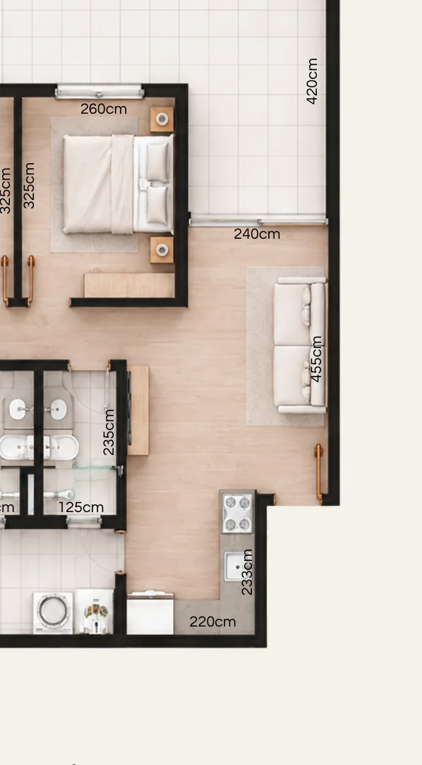 Planta humanizada do apartamento 101, térreo com área privativa, do Edifício Catarina Labouré