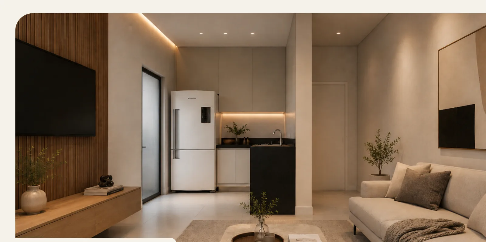 Sala integrada à cozinha do apartamento de 3 quartos — perspectiva ilustrativa