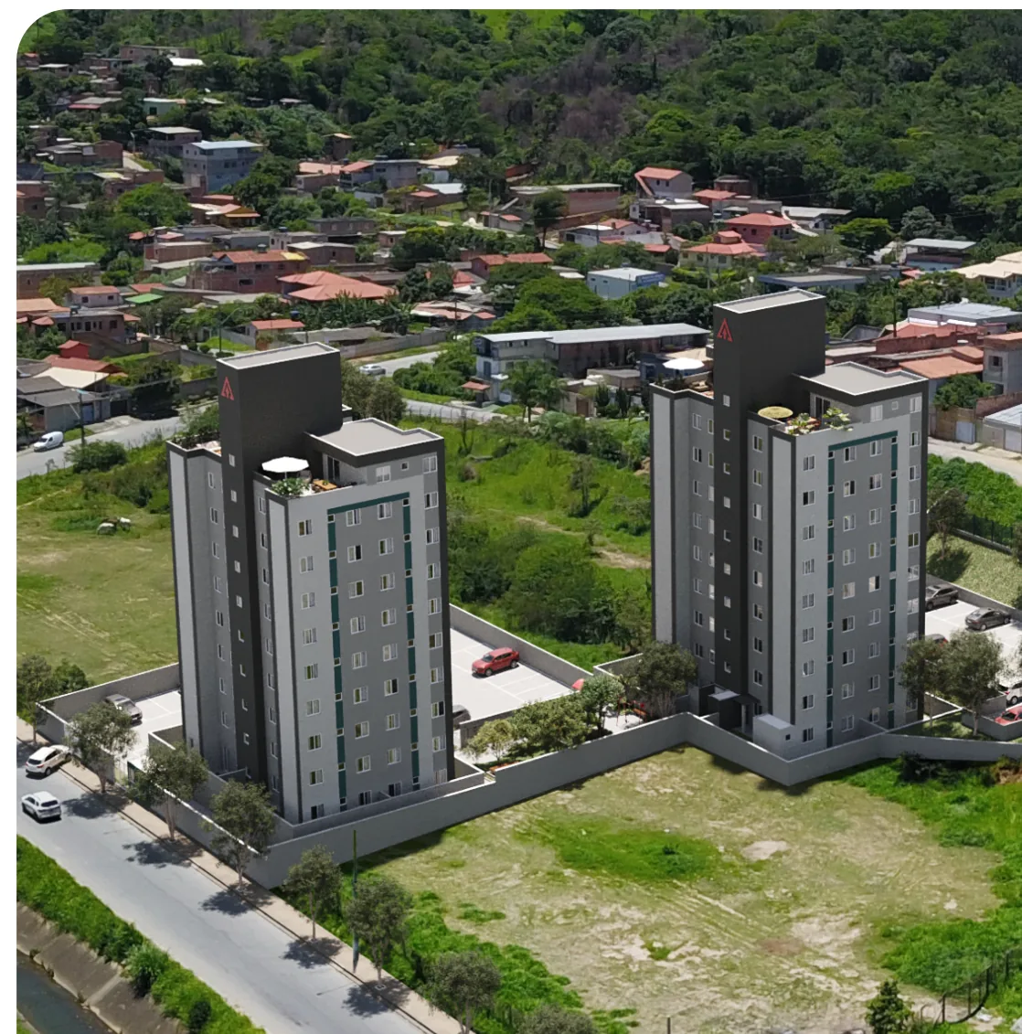 Vista aérea das duas torres do City Garden Residence sobre o entorno de Boa Esperança — perspectiva ilustrativa