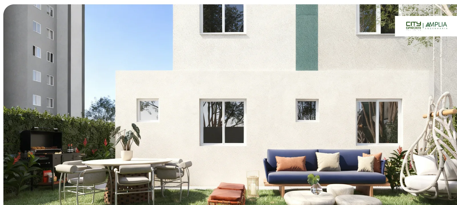 Área privativa descoberta de uma unidade térrea do City Garden Residence — perspectiva ilustrativa