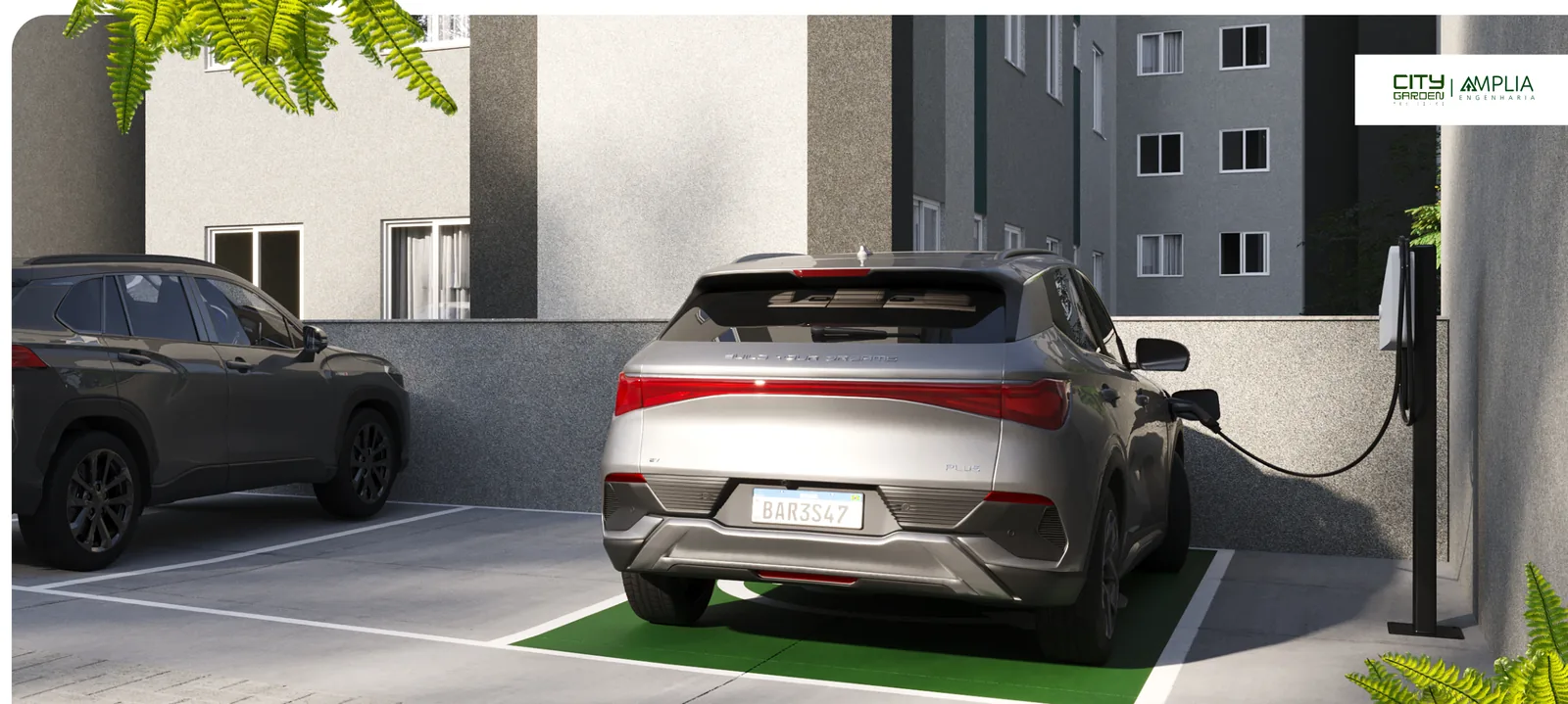 Estação de carregamento para carros elétricos na garagem do City Garden Residence — perspectiva ilustrativa