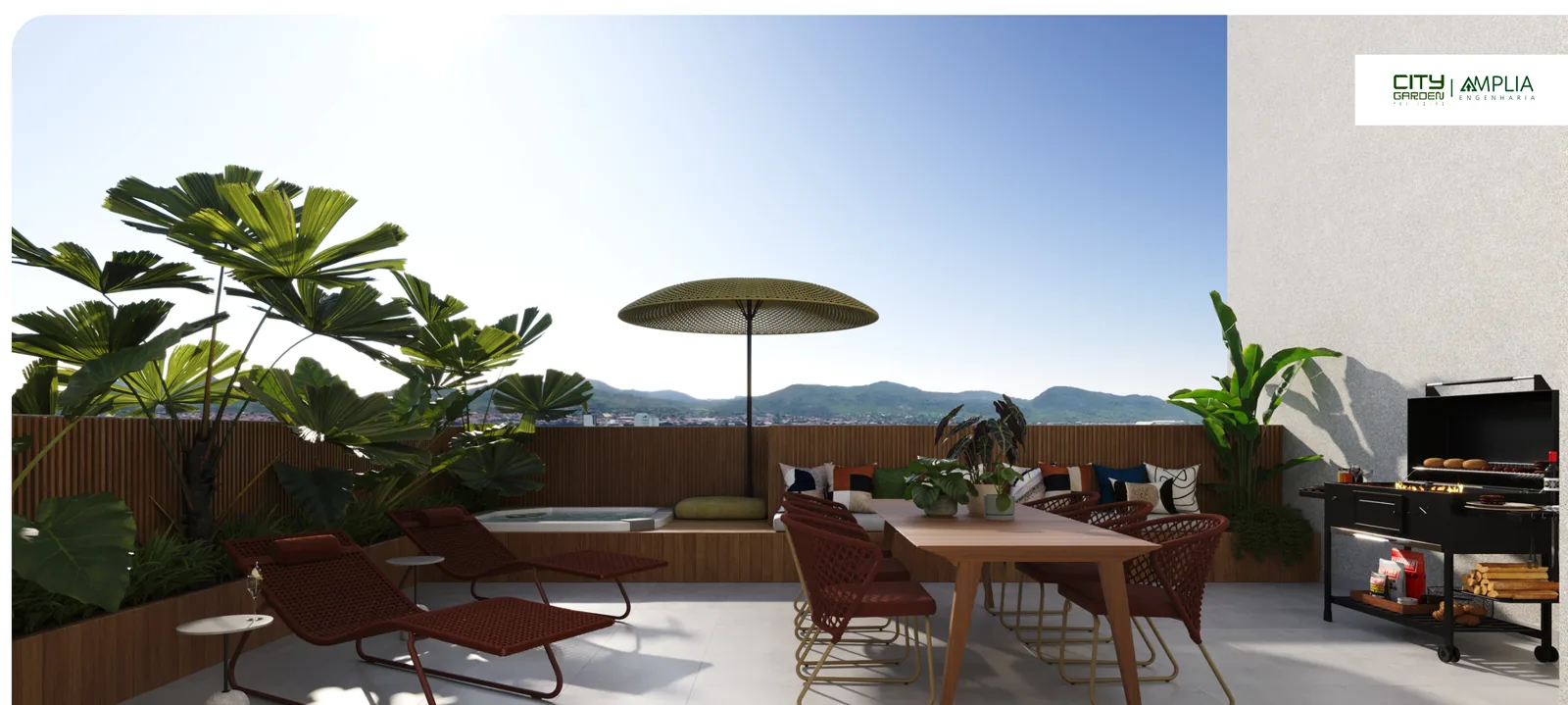 Terraço da cobertura linear do City Garden Residence — perspectiva ilustrativa