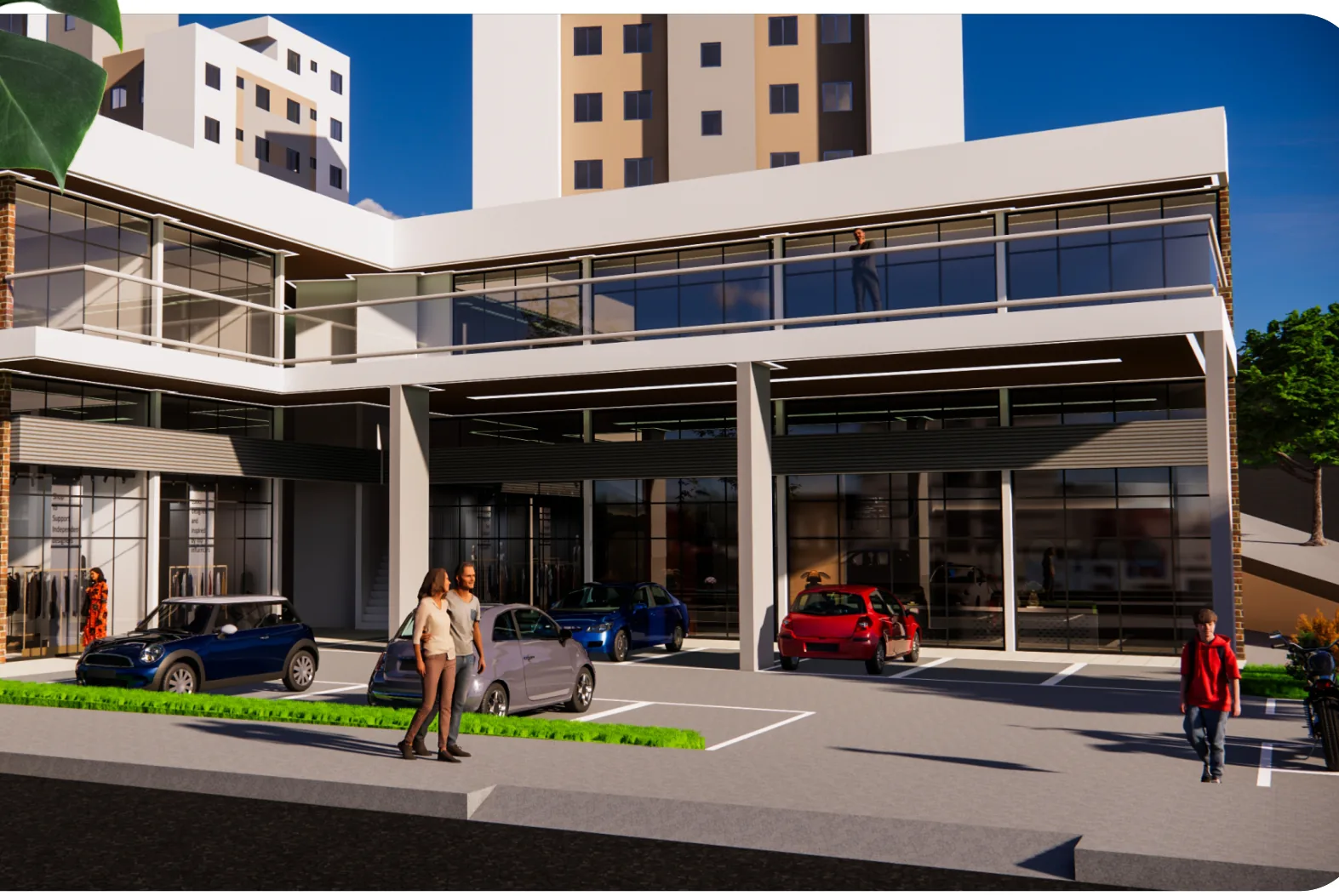 Perspectiva de um centro comercial de uso misto previsto para o entorno do City Garden Residence — ilustrativa