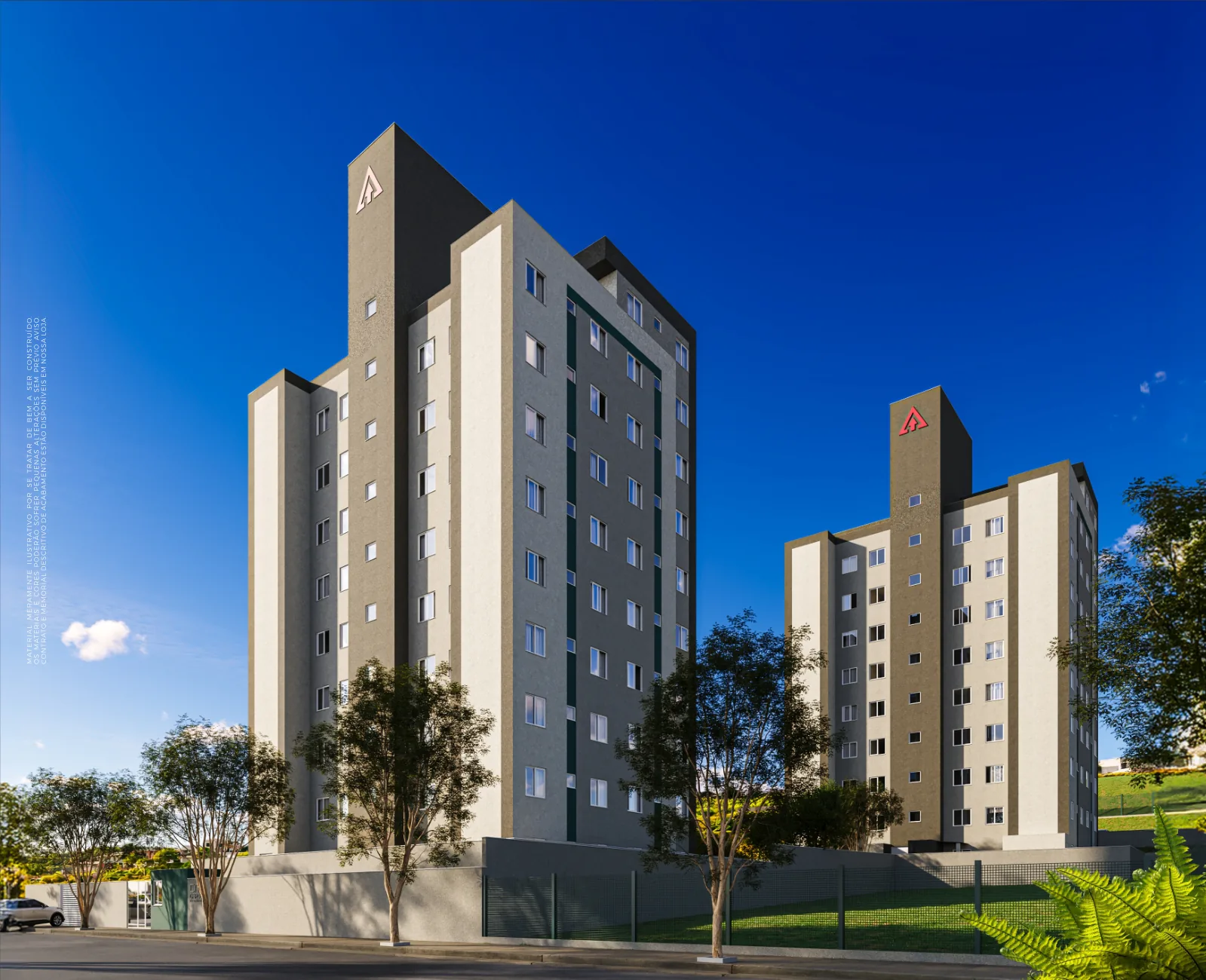 As duas torres do City Garden Residence vistas da rua — perspectiva ilustrativa