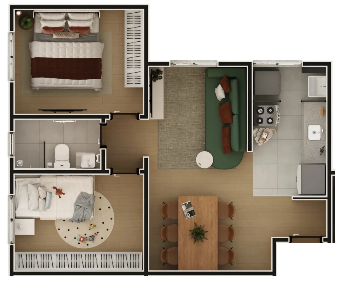 Planta humanizada do apartamento de 2 quartos com 45 m² do City Garden Residence