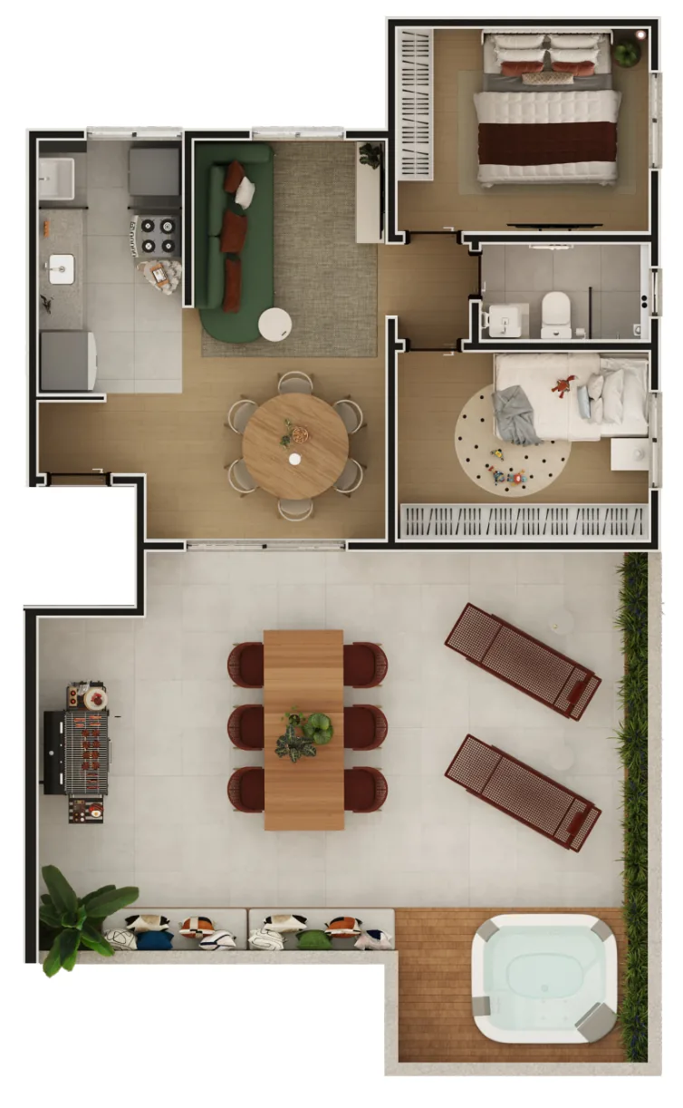 Planta humanizada da cobertura linear de 2 quartos com 90,03 m² do City Garden Residence