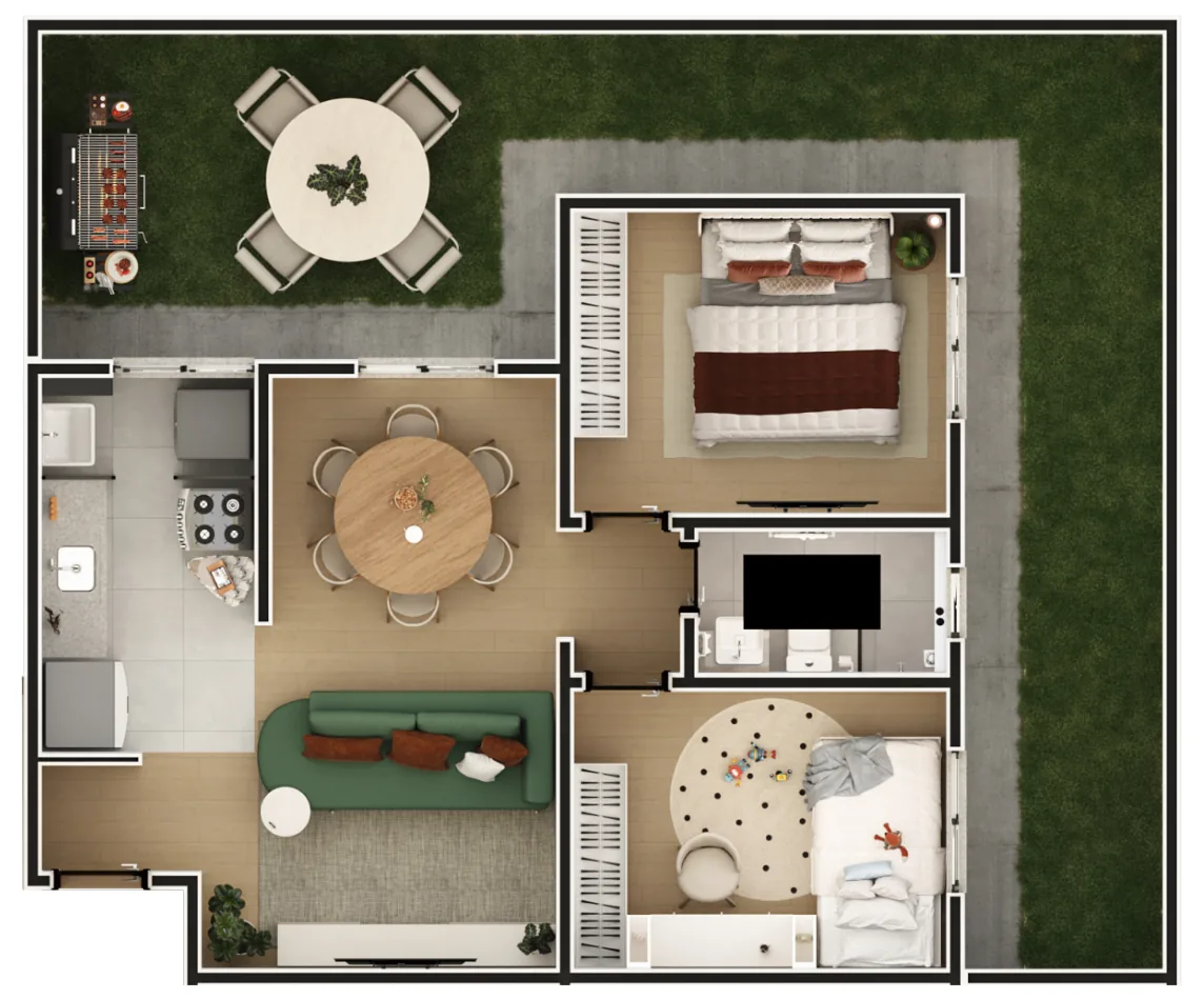 Planta humanizada do apartamento térreo de 2 quartos com área privativa do City Garden Residence