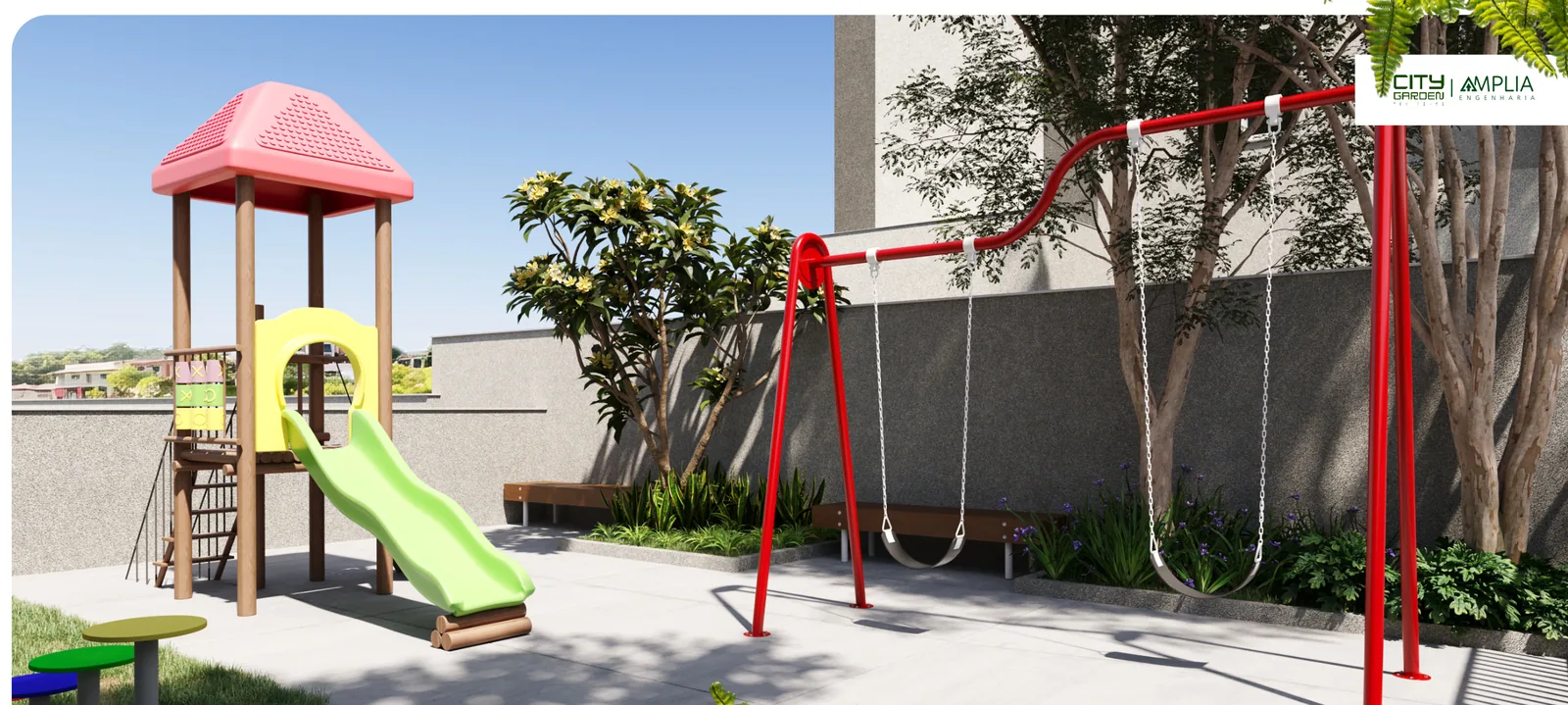 Playground do City Garden Residence, com balanços e escorregador — perspectiva ilustrativa
