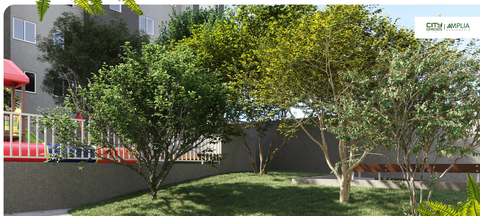 Espaço pomar do City Garden Residence — perspectiva ilustrativa