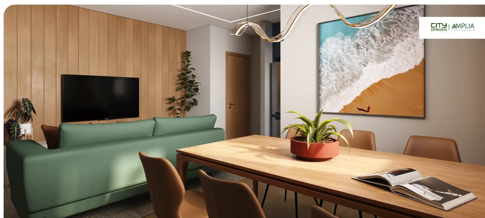 Sala integrada do apartamento de 2 quartos do City Garden Residence — perspectiva ilustrativa