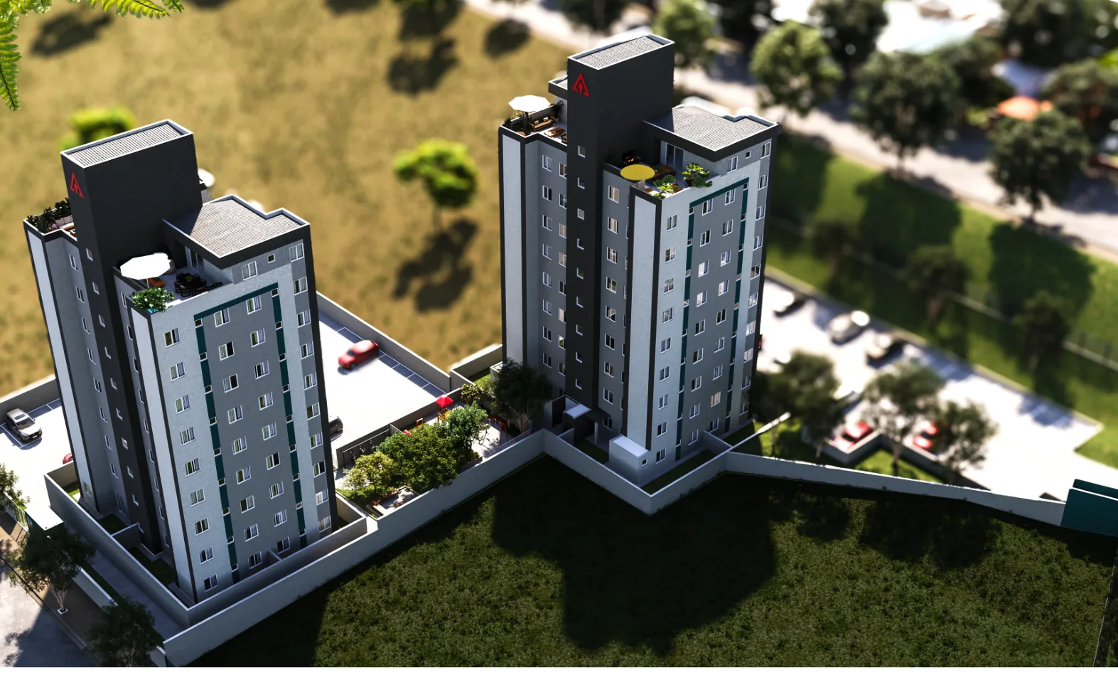 Vista aérea da implantação das duas torres do City Garden Residence — perspectiva ilustrativa