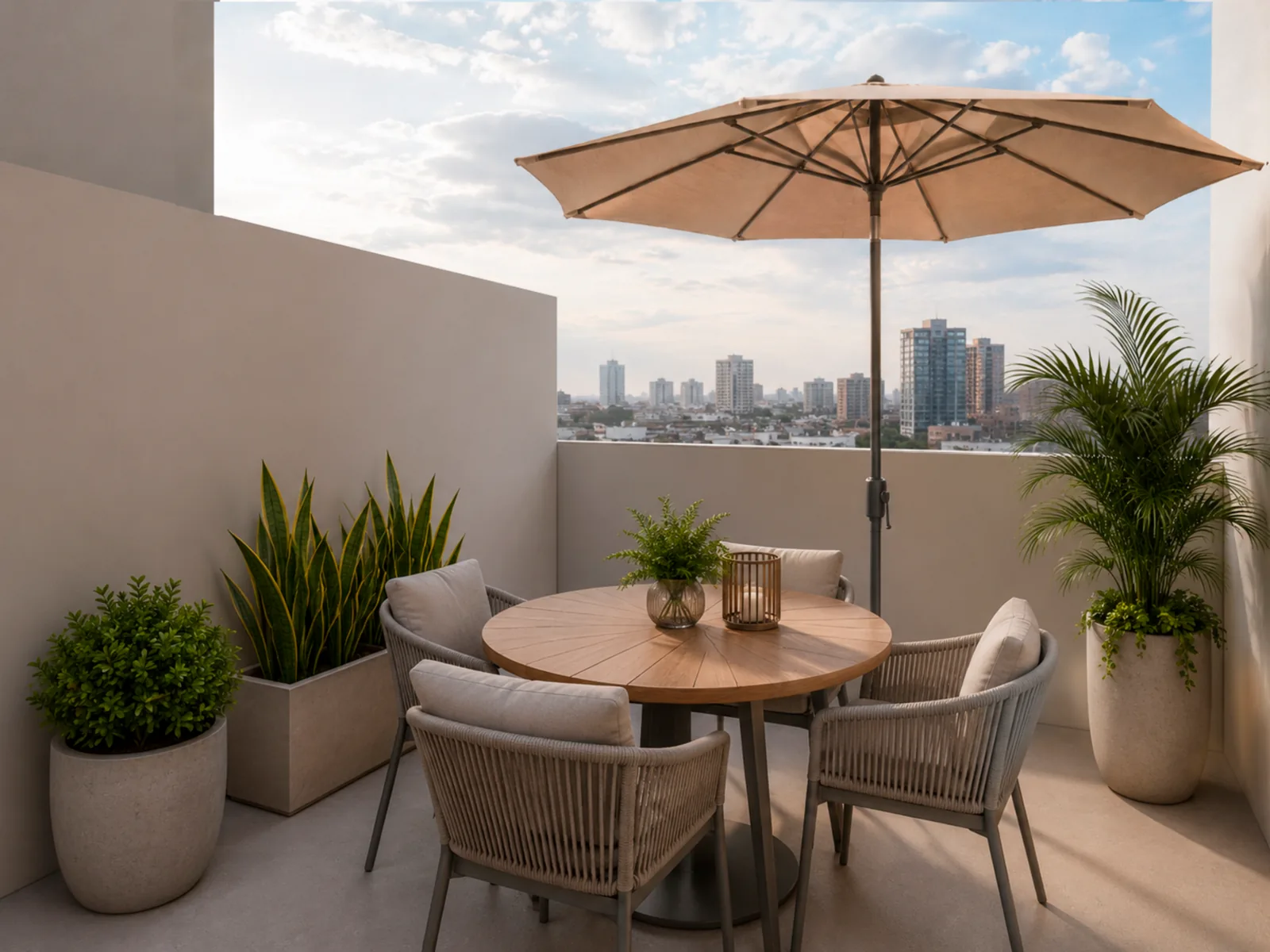 Área privativa de uma unidade térrea do Edifício Janaína Resende, com mesa e guarda-sol — perspectiva ilustrativa