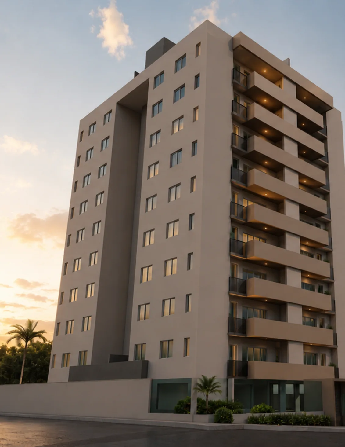 Fachada lateral do Edifício Janaína Resende com as varandas — perspectiva ilustrativa