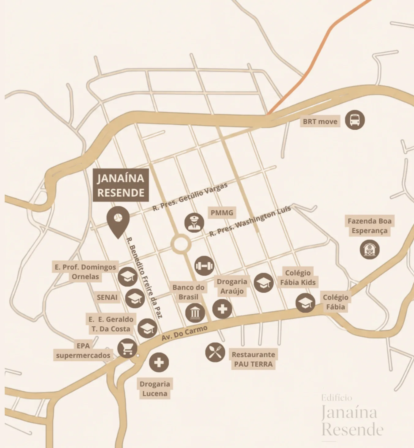 Mapa ilustrativo do entorno do Edifício Janaína Resende, com escolas, bancos, farmácias e o BRT Move