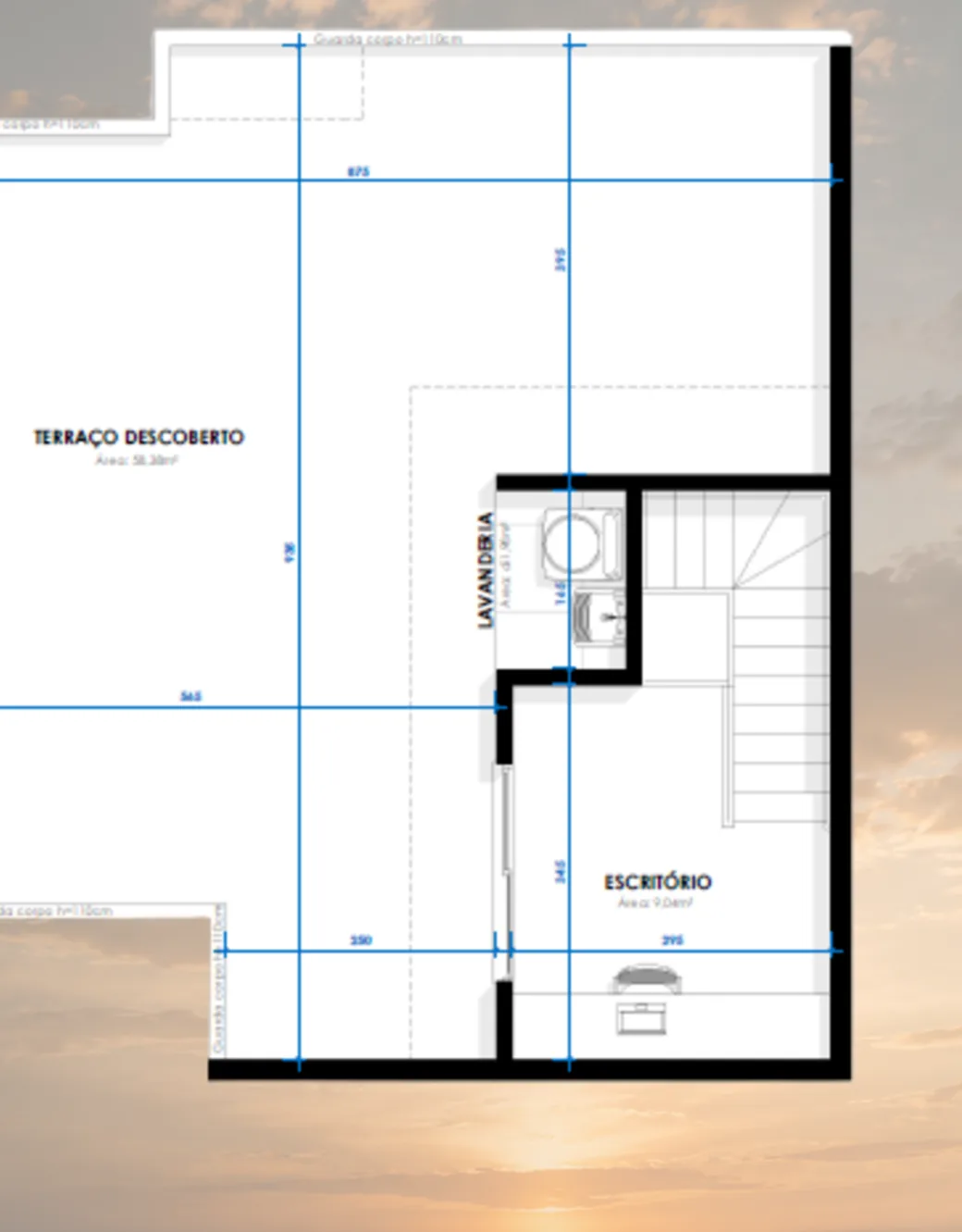 Planta humanizada do piso superior da cobertura duplex: terraço descoberto, lavanderia e escritório