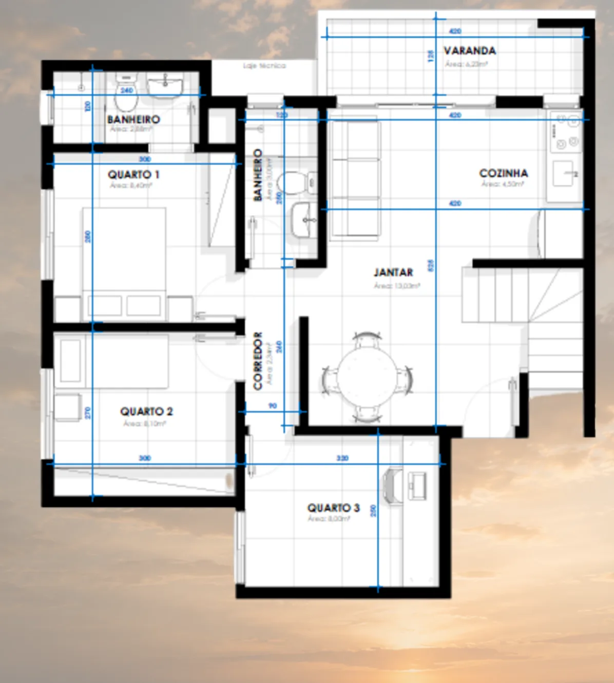 Planta humanizada do piso inferior da cobertura duplex: três quartos, banheiro, cozinha e jantar