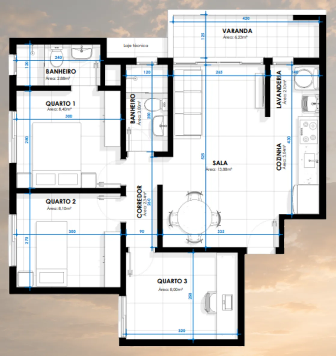 Planta do pavimento tipo do Edifício Janaína Resende: sala, varanda, cozinha, lavanderia, dois banheiros e três quartos