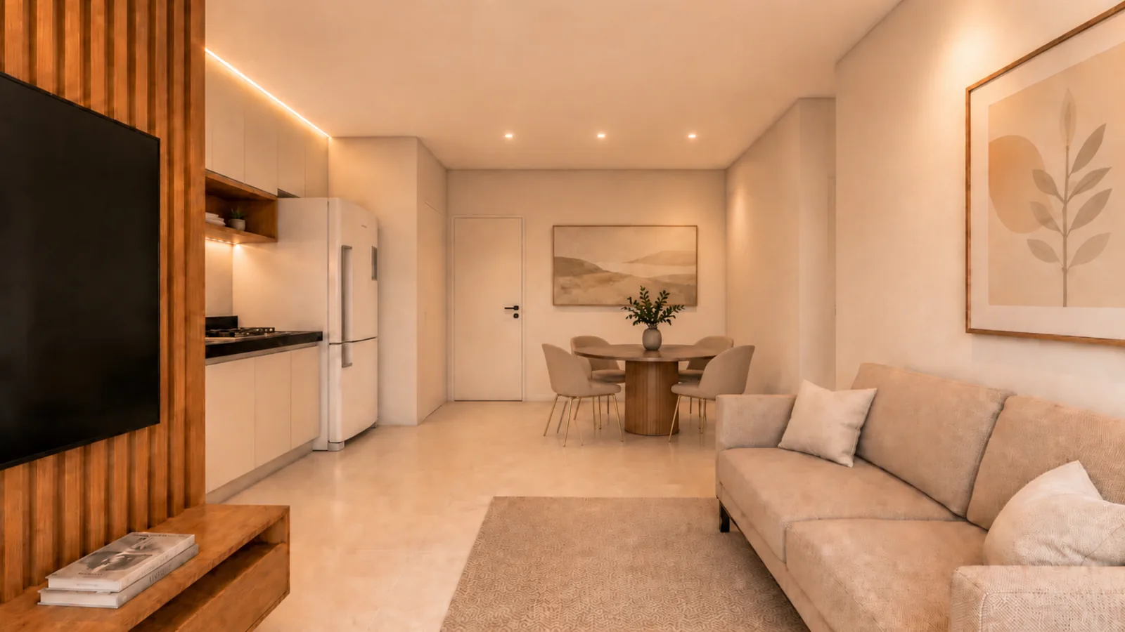 Sala de estar e jantar do apartamento tipo — perspectiva ilustrativa